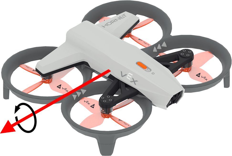 Ένα VEX AIR Drone στραμμένο προς την κάτω δεξιά γωνία με ένα κόκκινο βέλος να εκτείνεται από τη δεξιά πλευρά του drone, δίπλα στο λογότυπο VEX. Γύρω από το κόκκινο βέλος, ένα μαύρο καμπύλο βέλος που δείχνει αριστερόστροφα υποδεικνύει τη θετική κατεύθυνση για το βήμα.