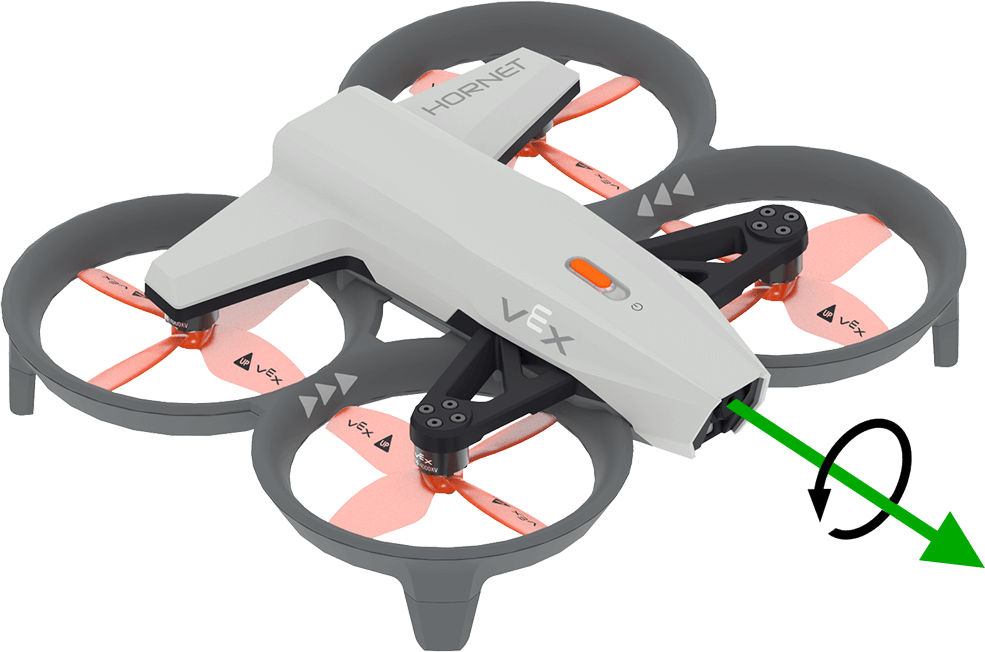 Ένα VEX AIR Drone με τη μύτη στραμμένη προς την κάτω δεξιά γωνία, με ένα πράσινο βέλος να εκτείνεται απευθείας από τη μύτη του drone. Γύρω από το πράσινο βέλος ένα μαύρο καμπύλο βέλος δείχνει αριστερόστροφα, υποδεικνύοντας τη θετική κατεύθυνση κύλισης.