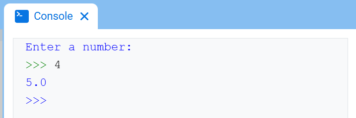 Η Κονσόλα VEXcode, που εμφανίζει την Κονσόλα και το κείμενο "Εισαγάγετε έναν αριθμό:" ακολουθούμενο από ">>> 4" και από κάτω, "5.0"