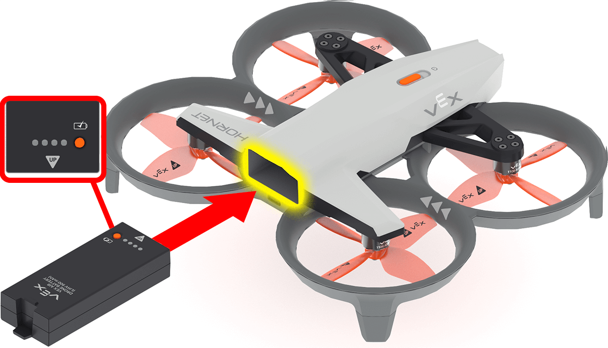 Ένα drone είναι στραμμένο προς τα έξω, για να δείξει το άνοιγμα της μπαταρίας στο πίσω μέρος του drone. Μια μπαταρία βρίσκεται πίσω από το drone, με ένα βέλος που δείχνει από το μπροστινό μέρος της μπαταρίας προς τη θύρα μπαταρίας στο drone. Ένα κοντινό πλάνο στο πάνω μέρος της μπαταρίας δείχνει το βέλος προς τα πάνω με τα κουμπιά και τις λυχνίες ένδειξης μπαταρίας.