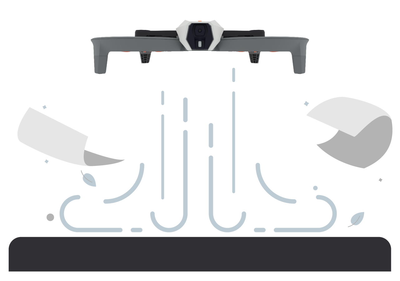 Απεικόνιση ενός drone που αιωρείται πάνω από το έδαφος, με στυλιζαρισμένες γραμμές ροής αέρα και συντρίμμια που πετούν μακριά από τον αέρα που φυσάει.