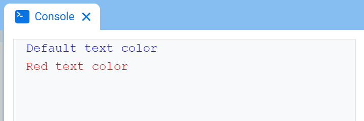 Η Κονσόλα VEXcode, που εμφανίζει την Κονσόλα και μπλε κείμενο που λέει "Προεπιλεγμένο χρώμα κειμένου" που εμφανίζεται στην πρώτη γραμμή και κόκκινο "Κόκκινο χρώμα κειμένου" στη δεύτερη γραμμή.