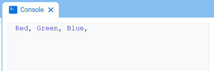 Εμφανίζεται η Κονσόλα VEXcode, που εμφανίζει την Κονσόλα και το κείμενο "Κόκκινο, Πράσινο, Μπλε".