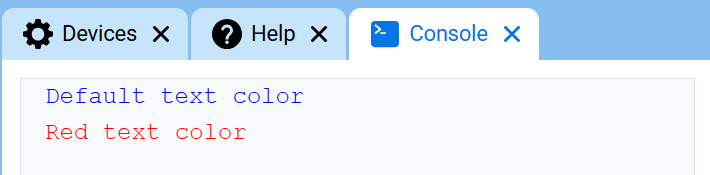 Η Κονσόλα VEXcode, που εμφανίζει την Κονσόλα και μπλε κείμενο που λέει "Προεπιλεγμένο χρώμα κειμένου" που εμφανίζεται στην πρώτη γραμμή και κόκκινο "Κόκκινο χρώμα κειμένου" στη δεύτερη γραμμή.