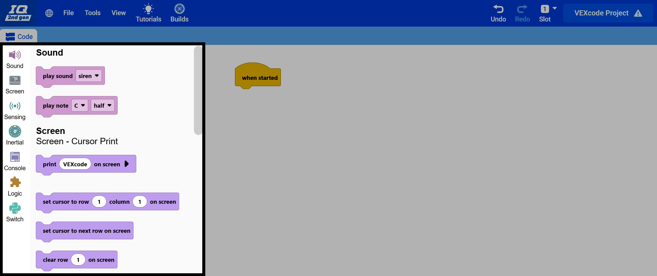 Στιγμιότυπο οθόνης του παραθύρου VEXcode IQ (2ης γενιάς) με τις κατηγορίες μπλοκ στην αριστερή πλευρά της οθόνης επισημασμένες και τον χώρο εργασίας απενεργοποιημένο.