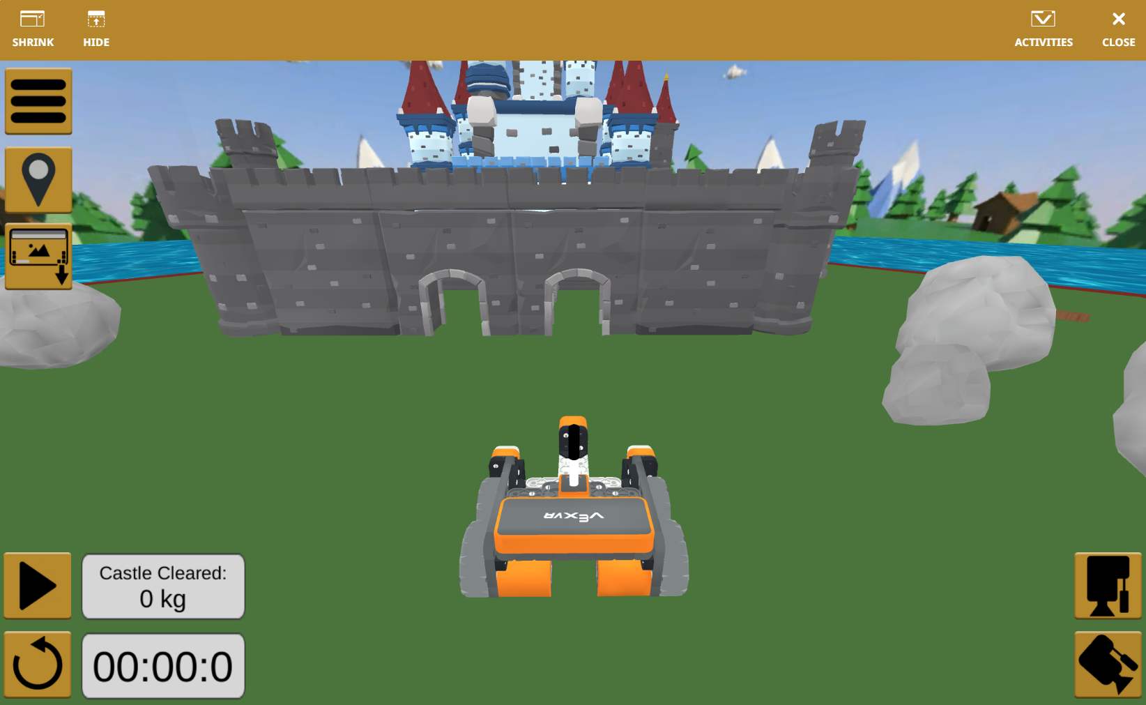 Το παράθυρο VEXcode VR Playground που δείχνει την παιδική χαρά Castle Crasher+. Δείχνει το ρομπότ VR να ρίχνει αντικείμενα του κάστρου στο πεδίο, με επιπλέον επίπεδα πρόκλησης και πιστοποιητικό ολοκλήρωσης.