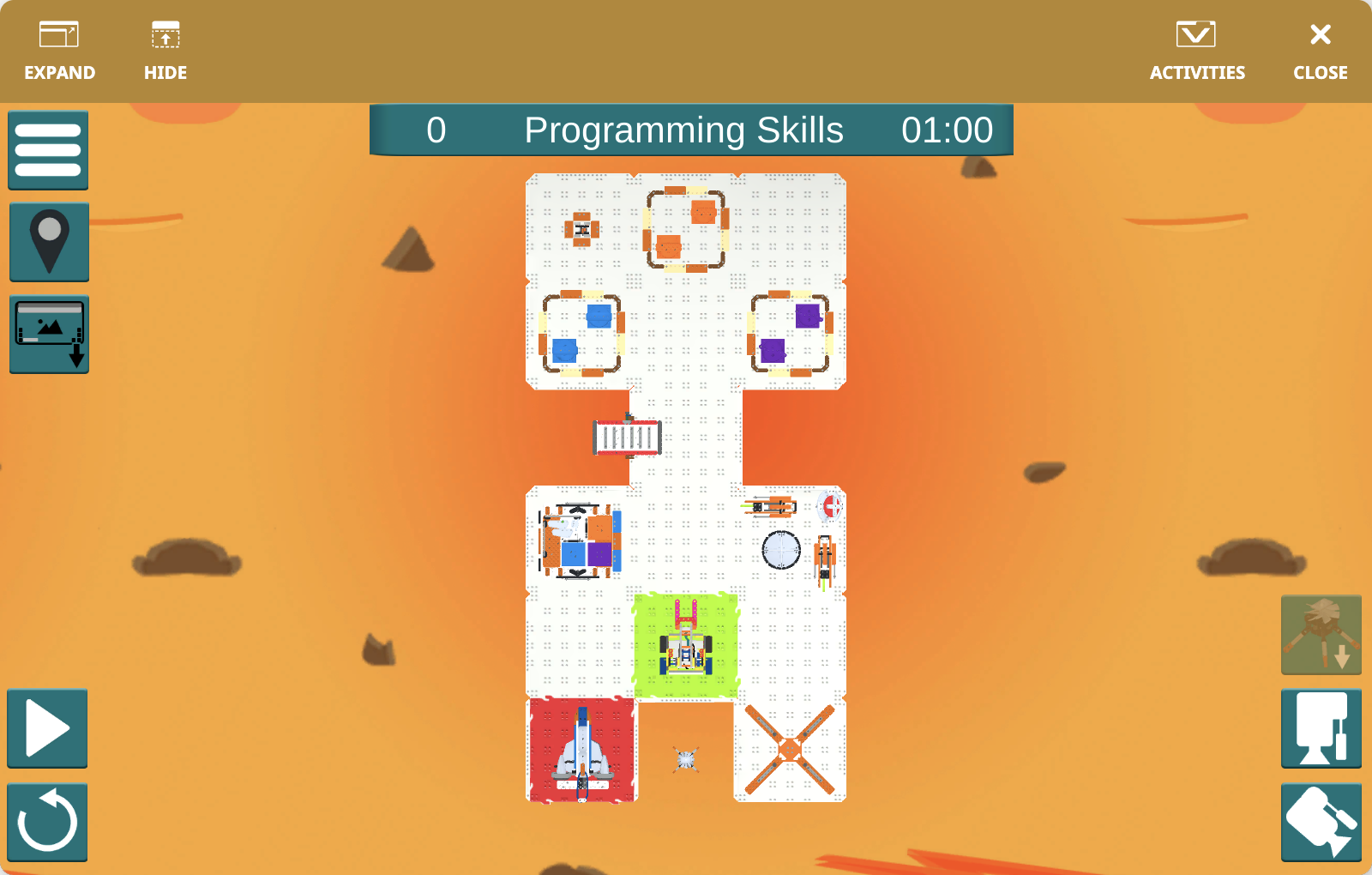 Το παράθυρο VEXcode VR Playground που δείχνει το GO Competition - Mars Math Expedition Playground. Δείχνει το ρομπότ GO Competition Advanced 2.0 να ολοκληρώνει σταδιακές εργασίες πρόκλησης στον Άρη.