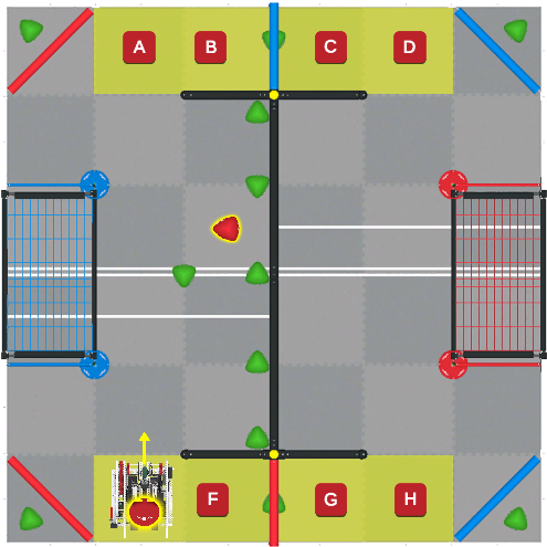 Διάταξη γηπέδου για το V5 Over Under Playground με θέσεις εκκίνησης και επιλογές τοποθέτησης Triball.
