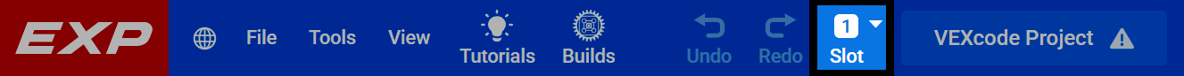 Captura de pantalla de la barra de herramientas EXP de VEXcode, con el botón Ranurar resaltado.