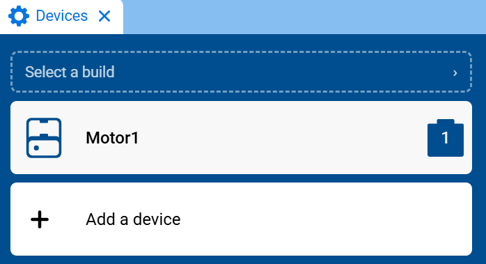 Captura de pantalla de la pestaña Dispositivos, mostrando Motor1 en la lista de dispositivos.