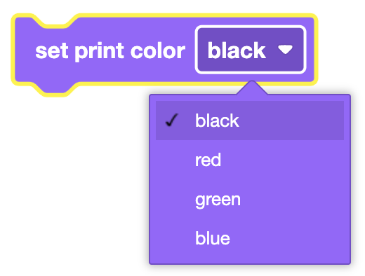Imagen que muestra el bloque Establecer color de impresión para el robot 123, ilustrando las opciones para los colores del texto: negro, rojo, verde, azul.
