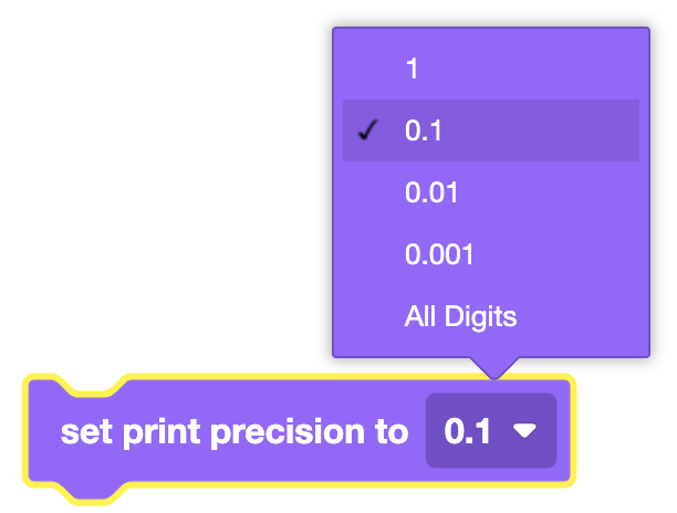 Establecer interfaz de bloque de precisión de impresión que muestra opciones para precisión decimal en la consola de impresión para el robot 123.