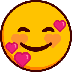 Un emoji sonriente con ojos felices cerrados y mejillas sonrojadas en forma de corazón, con corazones rosados alrededor de la cara.
