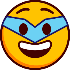 Un emoji sonriente con la boca abierta y las cejas levantadas, con una máscara estilo superhéroe sobre los ojos.
