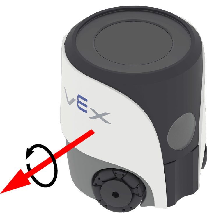 Se muestra un dispositivo sensor VEX con tres flechas de colores que indican sus ejes de rotación. La flecha "Roll" apunta diagonalmente hacia arriba a la izquierda, la flecha verde "Roll" apunta diagonalmente hacia arriba a la derecha y la flecha azul "Yaw" apunta directamente hacia abajo desde el centro.