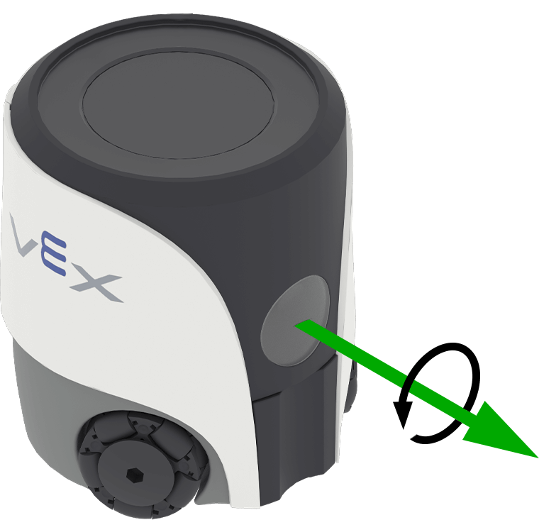 Se muestra un dispositivo sensor VEX con tres flechas de colores que indican sus ejes de rotación. La flecha "Roll" apunta diagonalmente hacia arriba a la izquierda, la flecha verde "Roll" apunta diagonalmente hacia arriba a la derecha y la flecha azul "Yaw" apunta directamente hacia abajo desde el centro.
