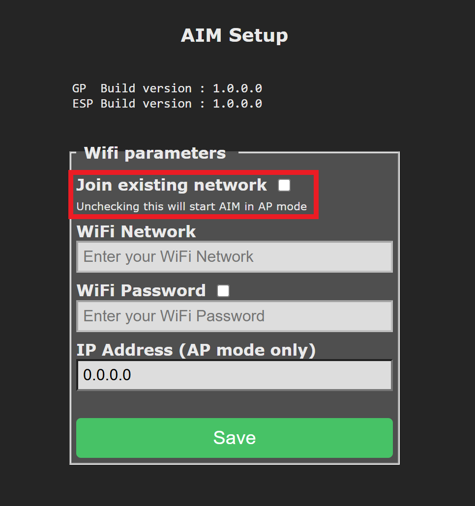Pantalla de configuración del robot AIM que muestra la sección de parámetros WiFi con la opción "Unirse a una red existente" desmarcada, lo que indica que el robot se iniciará en modo AP. La dirección IP está configurada en 0.0.0.0.