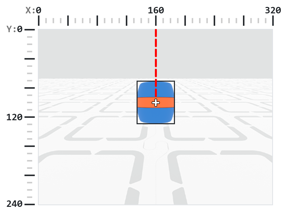 Un barril azul con una franja naranja está centrado en el marco, rodeado por un recuadro negro. Una línea discontinua roja vertical se extiende desde la parte superior del marco hasta el centro del cuadro delimitador, indicando la coordenada X del centro.