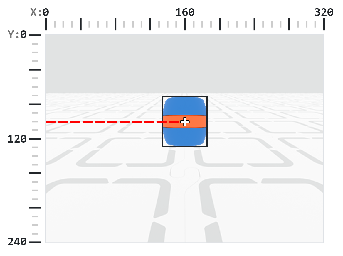 Un barril azul con una franja naranja está centrado en el marco, rodeado por un recuadro negro. Una línea discontinua roja horizontal se extiende desde el lado izquierdo del marco hasta el centro del cuadro delimitador, indicando la coordenada Y del centro.