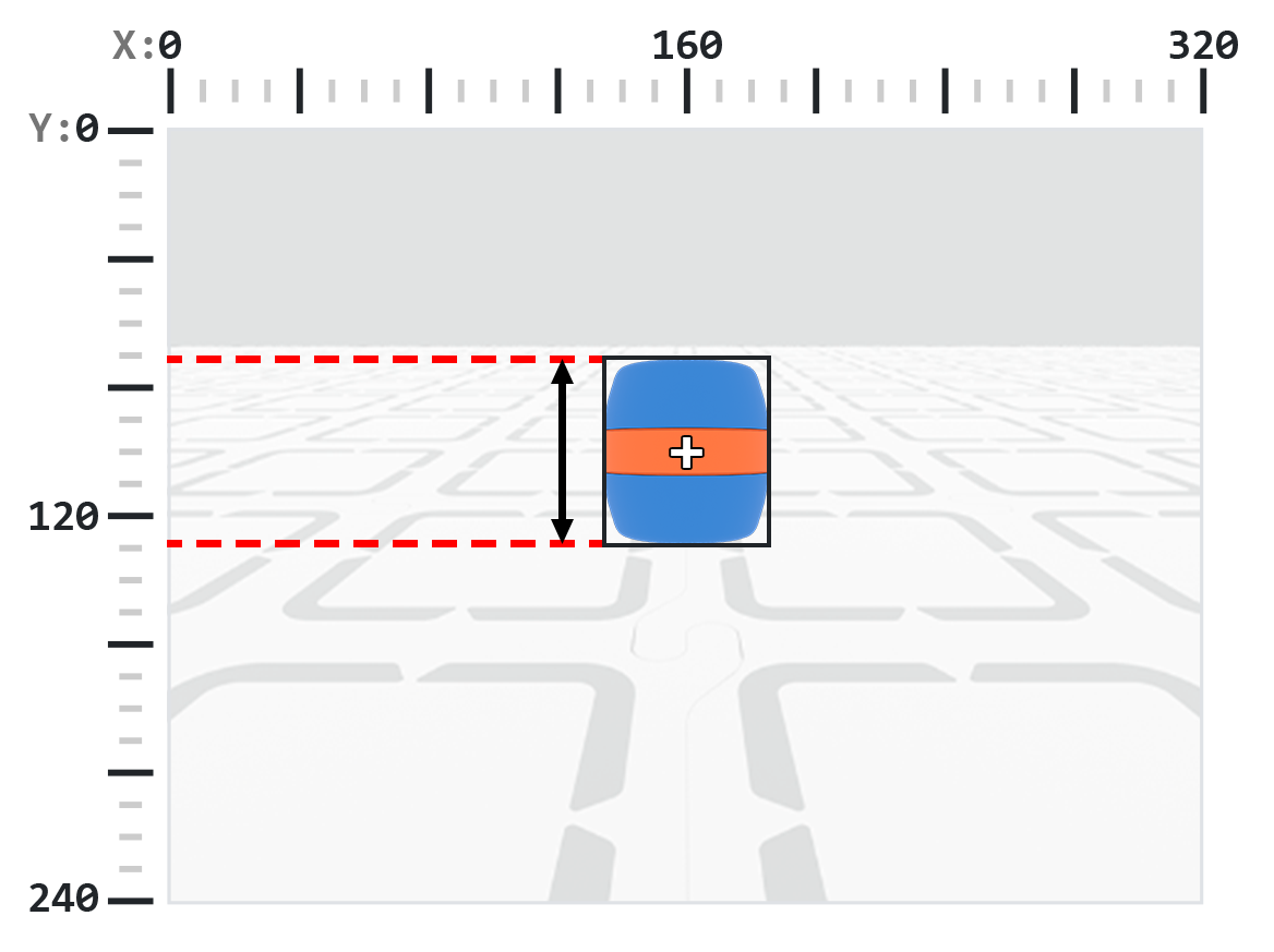 Un barril azul con una raya naranja está centrado en el marco, rodeado por un recuadro negro. Dos líneas discontinuas rojas horizontales se extienden desde el lado izquierdo del marco hasta los bordes superior e inferior del cuadro delimitador. Una flecha negra de dos puntas entre estas líneas indica la medición de la altura.