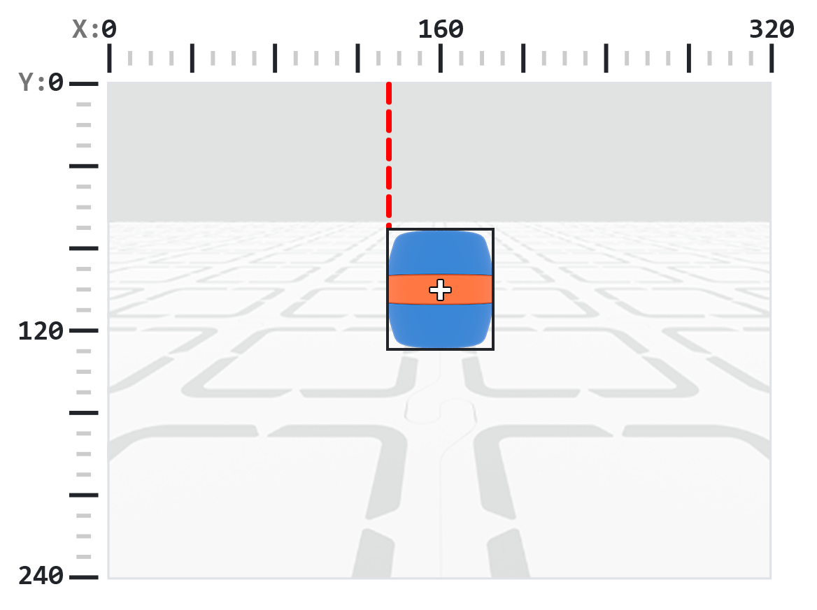 Un barril azul con una raya naranja está centrado en el marco, rodeado por un recuadro negro. Una línea discontinua roja vertical se extiende desde la parte superior del marco hasta el borde izquierdo del cuadro delimitador, indicando la coordenada X del origen del cuadro delimitador.