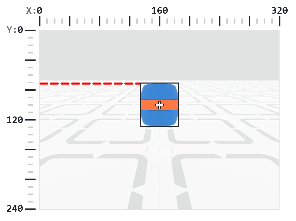 Un barril azul con una raya naranja está centrado en el marco, rodeado por un recuadro negro. Una línea discontinua roja horizontal se extiende desde el lado izquierdo del marco hasta el borde superior del cuadro delimitador, indicando la coordenada Y del origen del cuadro delimitador.