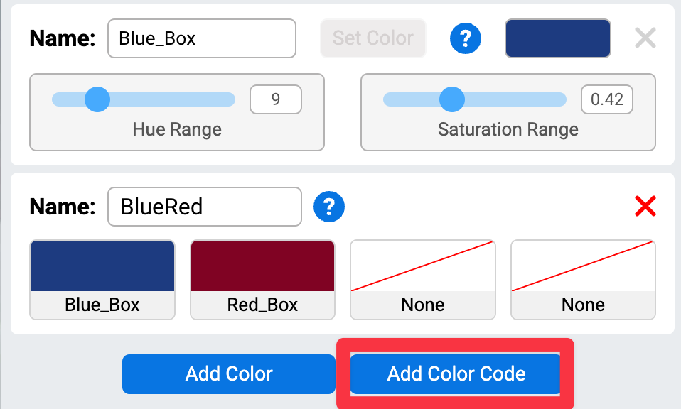 Vista ampliada del nuevo código de color con un resaltado en el botón Agregar código de color debajo del código.