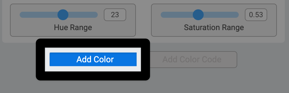 AI Vision Utility Window zoomed in on the right side with a highlight on the add color button, below the Hue Range slider.