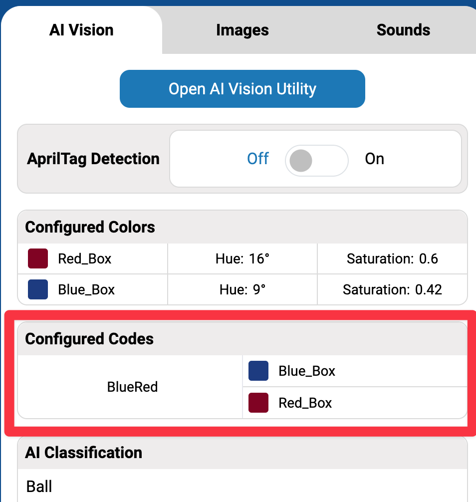 Vista ampliada del Panel de Control en VEXcode AIM con la sección "Códigos de Color" resaltada. Dentro hay una fila que coincide con el código de color configurado.