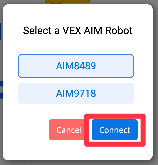 El mismo mensaje que el anterior, con AIM8489 seleccionado y el botón Conectar resaltado, indicando qué presionar para conectarse a ese robot.