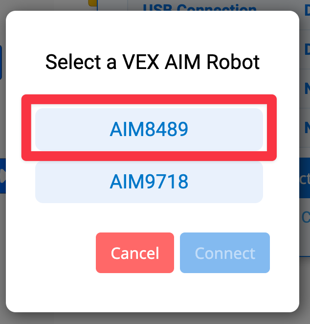 Aparece un mensaje que dice "Seleccionar un robot VEX AIM" y muestra dos opciones. La opción superior, AIM8489, está resaltada.