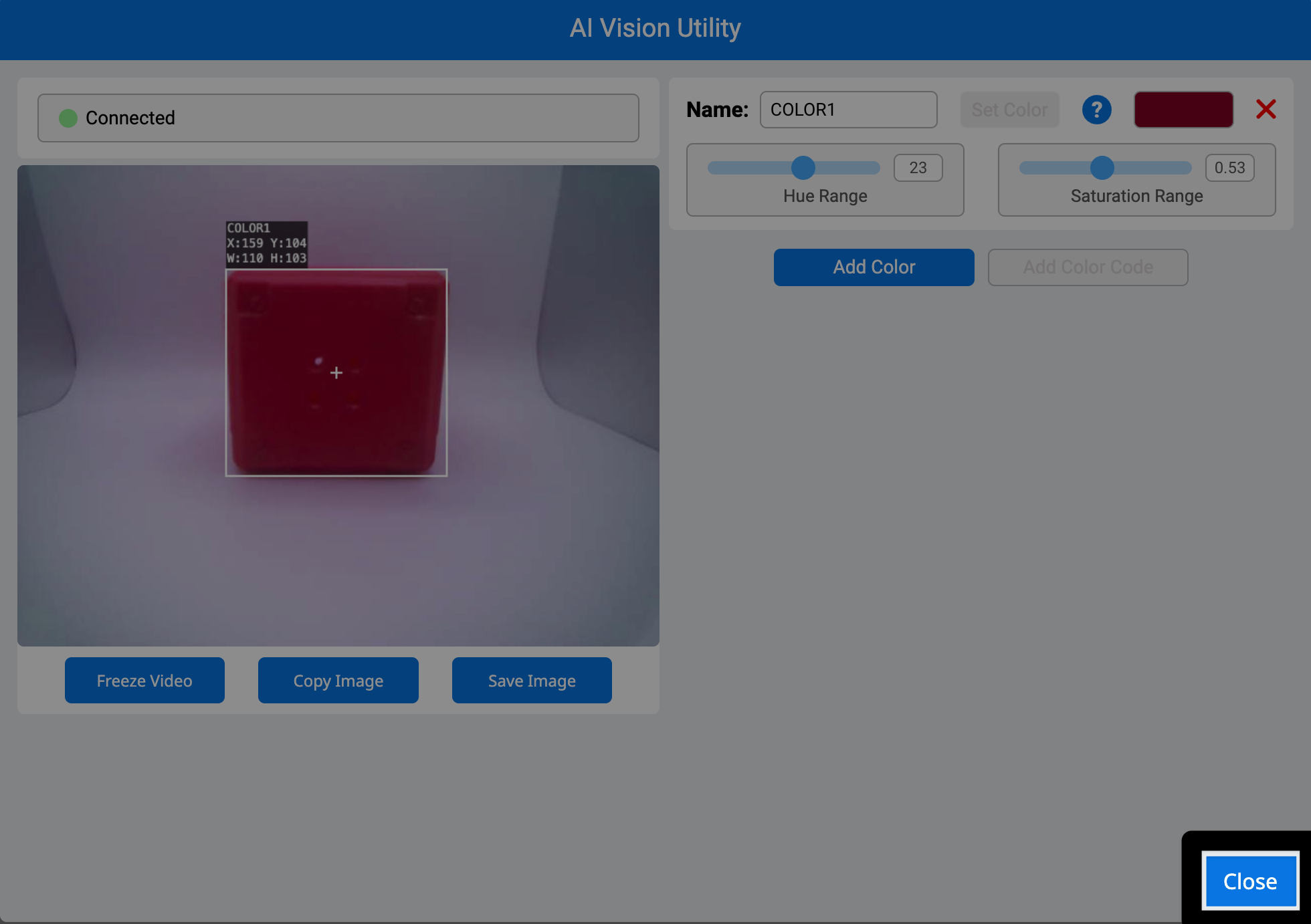 Utilidad de visión de inteligencia artificial en VEXcode AIM con un resaltado en el botón de cierre en la esquina inferior derecha.