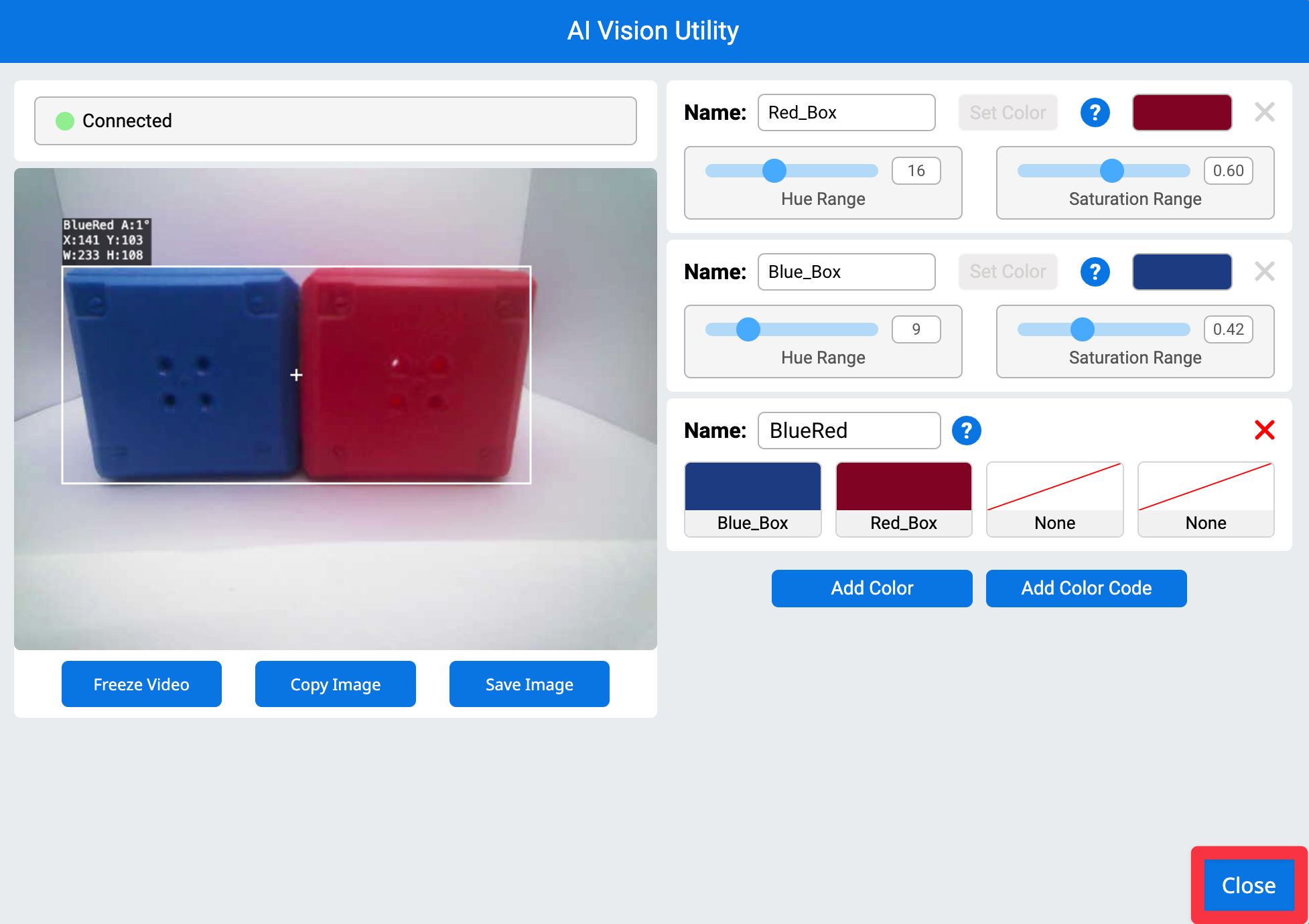 Utilidad AI Vision en VEXcode AIM con un resaltado en el botón de cierre en la esquina inferior derecha.