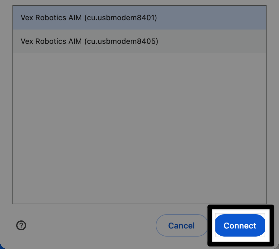 Same image as the one previous, with the Connect button in the lower right corner highlighted.