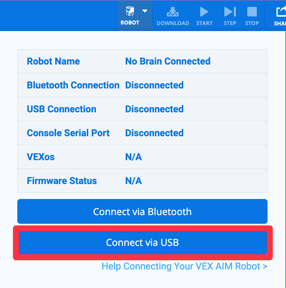 En el menú desplegable del robot de VEXcode, se resalta un cuadro rojo para Conectar mediante USB.
