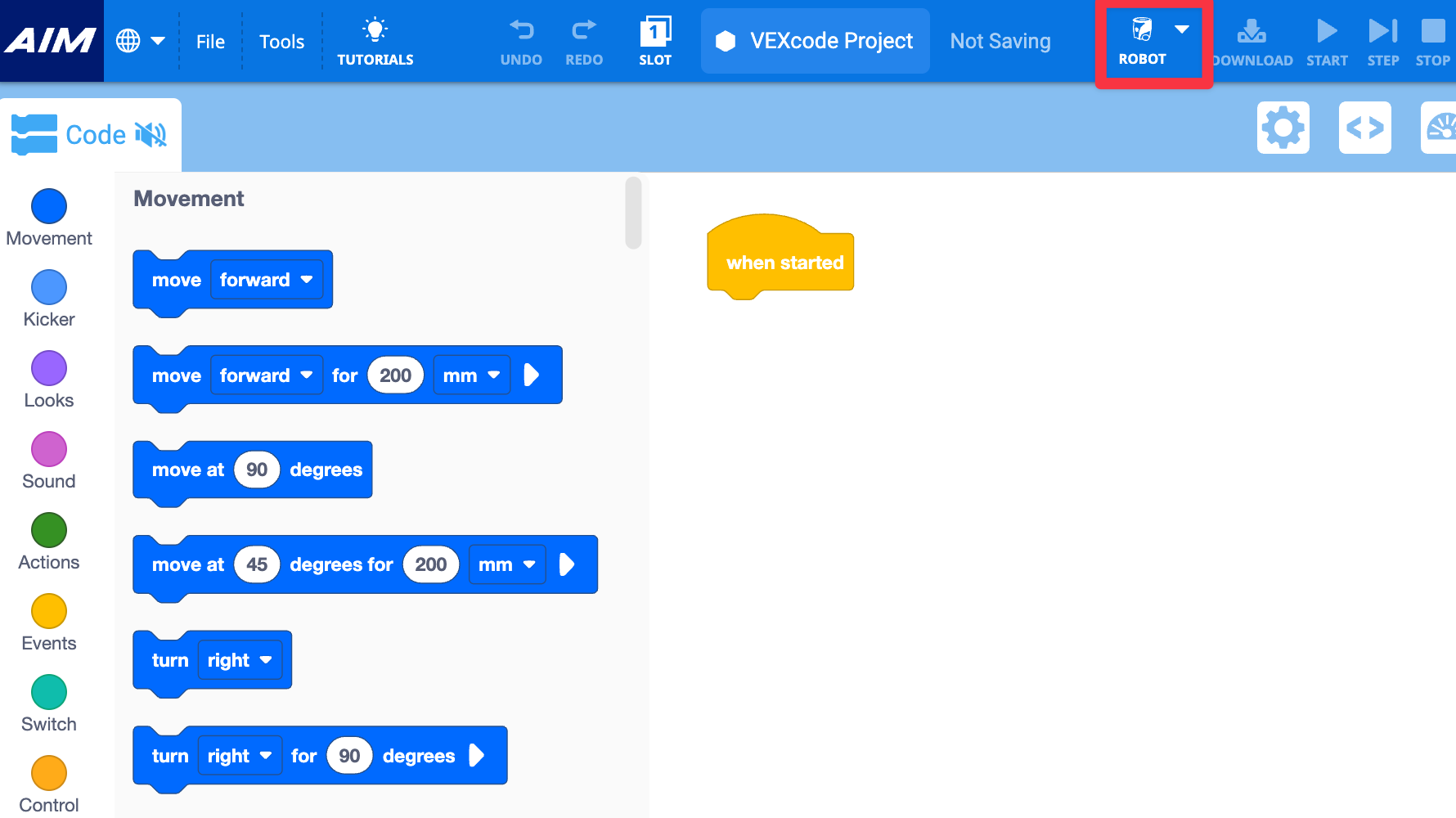 Ícono de robot en la parte superior derecha de VEXcode con un cuadro rojo alrededor.