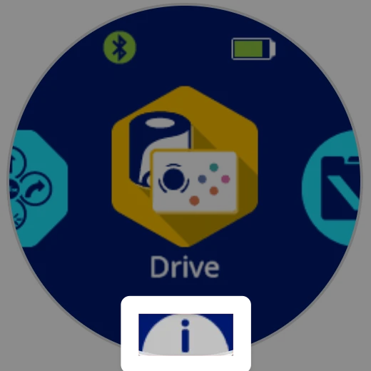 A svreenshot of the robot's screen, with the i icon on the bottom, below the Drive project icon in the center, highlighted.