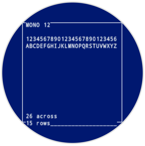 El robot serigrafió números y letras con fuente MONO 12. Muestra de la A a la Z. En la parte inferior de la pantalla, tiene 26 filas de ancho y 15 filas.