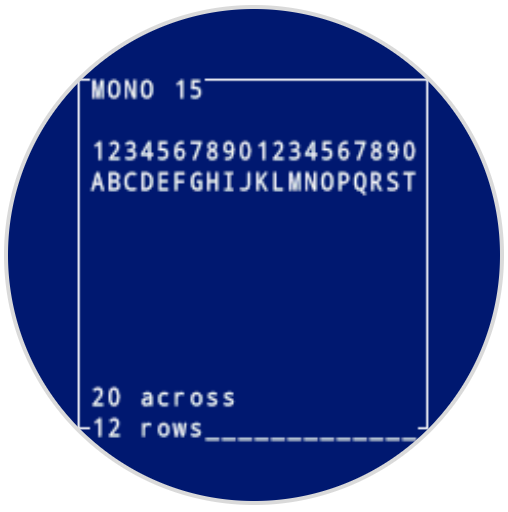 El robot serigrafió números y letras con fuente MONO 15. Muestra A-T. En la parte inferior de la pantalla, tiene 20 de ancho y 12 filas.