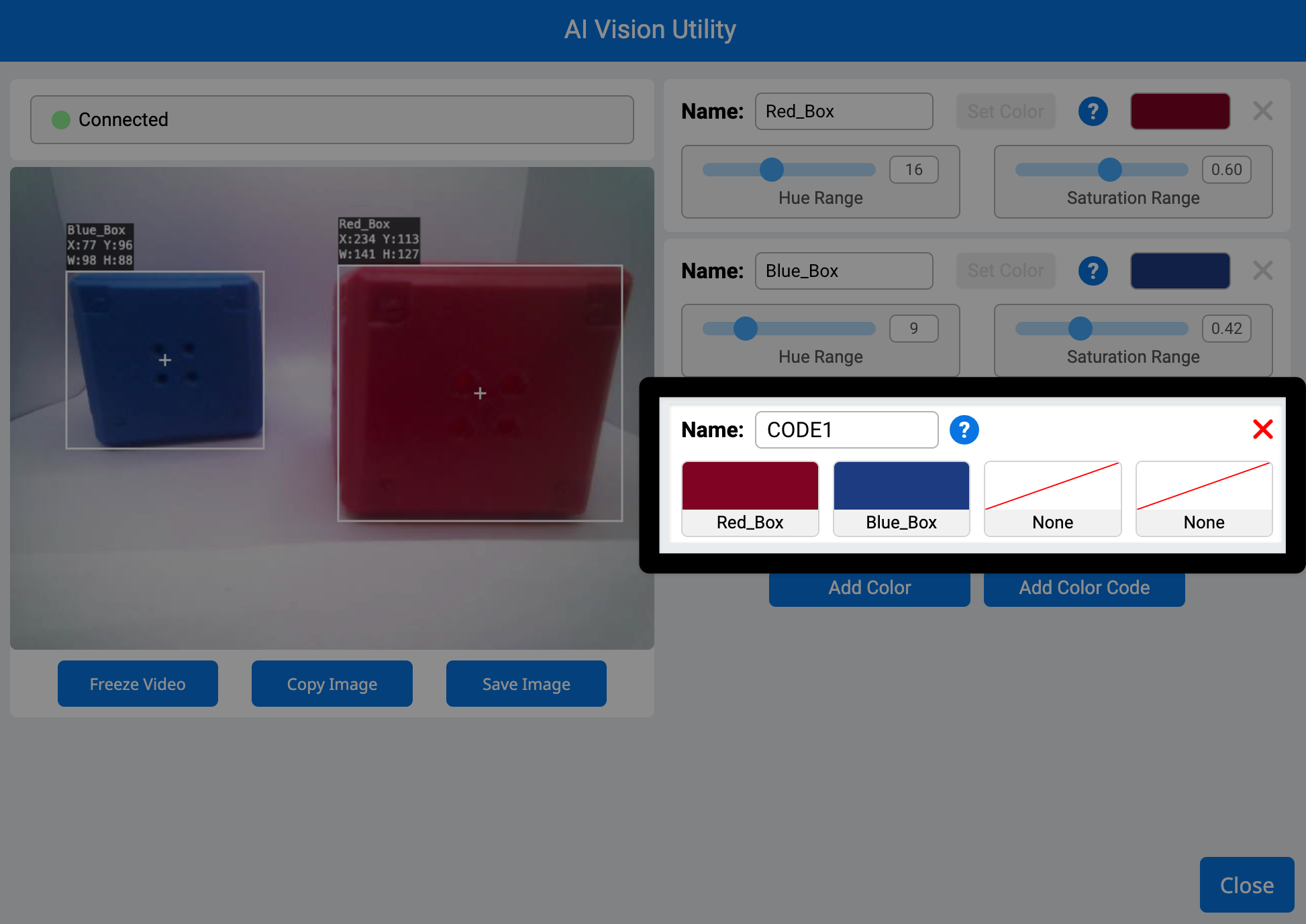 Same image as the previous with a new section beneath the color signatures on the right that is highlighted. This section shows a color code named Color 1 with red box on the left and blue box on the right, creating the code.