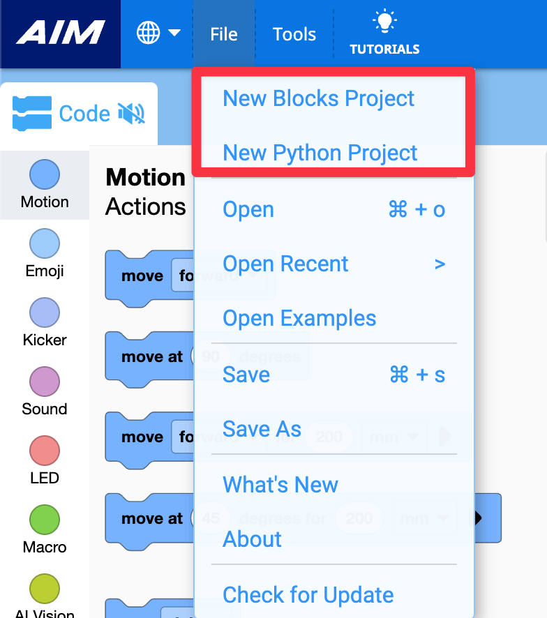 Se muestra el menú Archivo en VEXcode AIM, con las dos primeras opciones resaltadas: Nuevo proyecto de bloques y Nuevo proyecto de texto.
