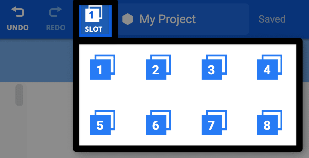 The center of the VEXcode AIM Toolbar is shown with the Slot number highlighted to the left of the project name dialog box. A dropdown showing available slots 1 through 8 is open, indicating what to select to change the slot number.