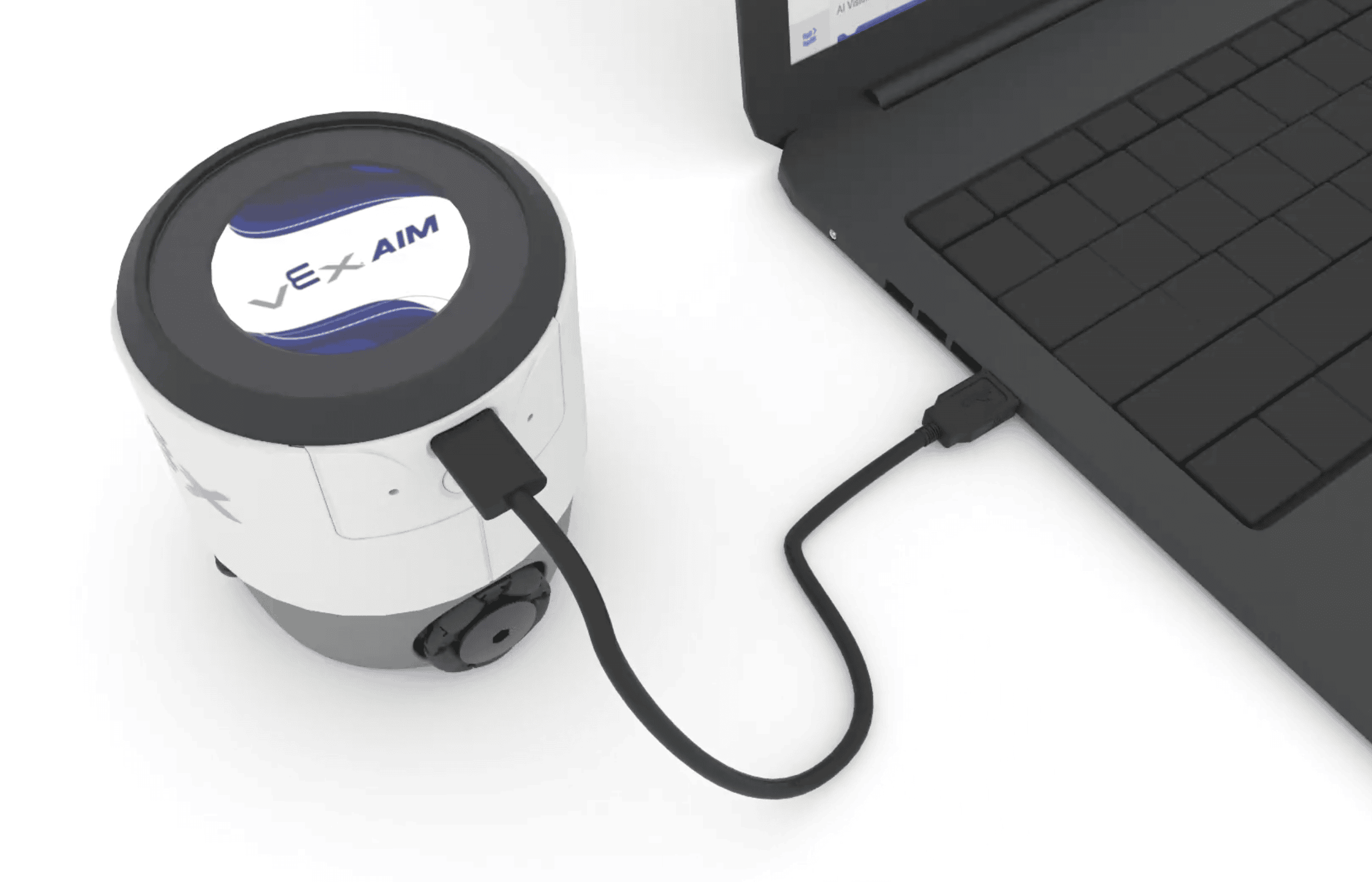 Robot AIM a la izquierda de una computadora portátil con un cable que conecta los dos dispositivos electrónicos.