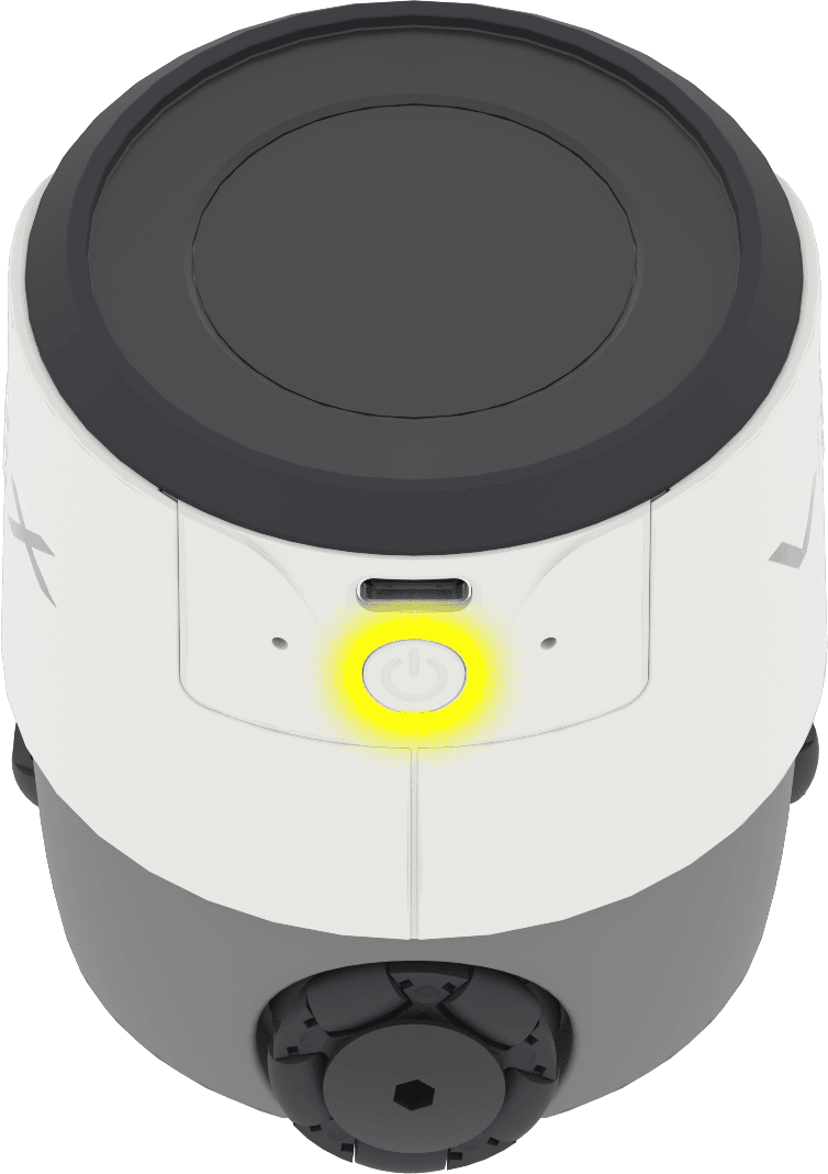 La parte trasera del robot AIM con el botón de encendido visible. Este botón se encuentra en la parte trasera del robot, debajo del puerto para el cable USB-C.