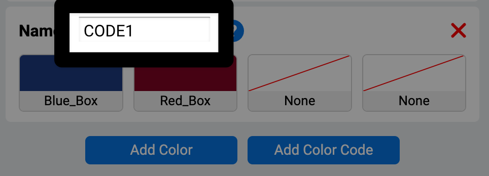 Zoomed in view of the new color code section of the AI Vision Utility window, with a highlight on the name text box. The Name reads Code 1.