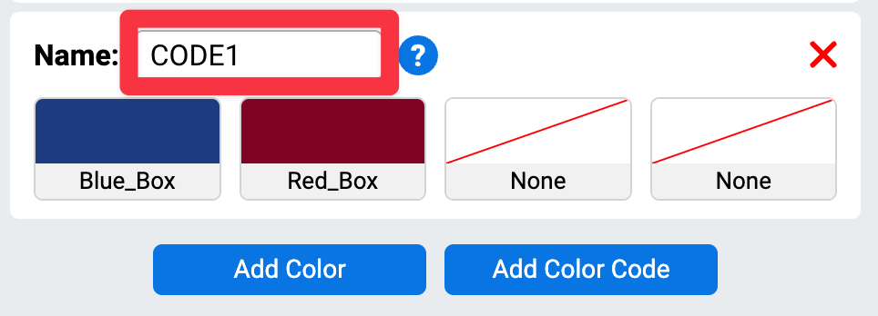 Vista ampliada del nuevo código de color con un resaltado en el cuadro de texto del nombre.