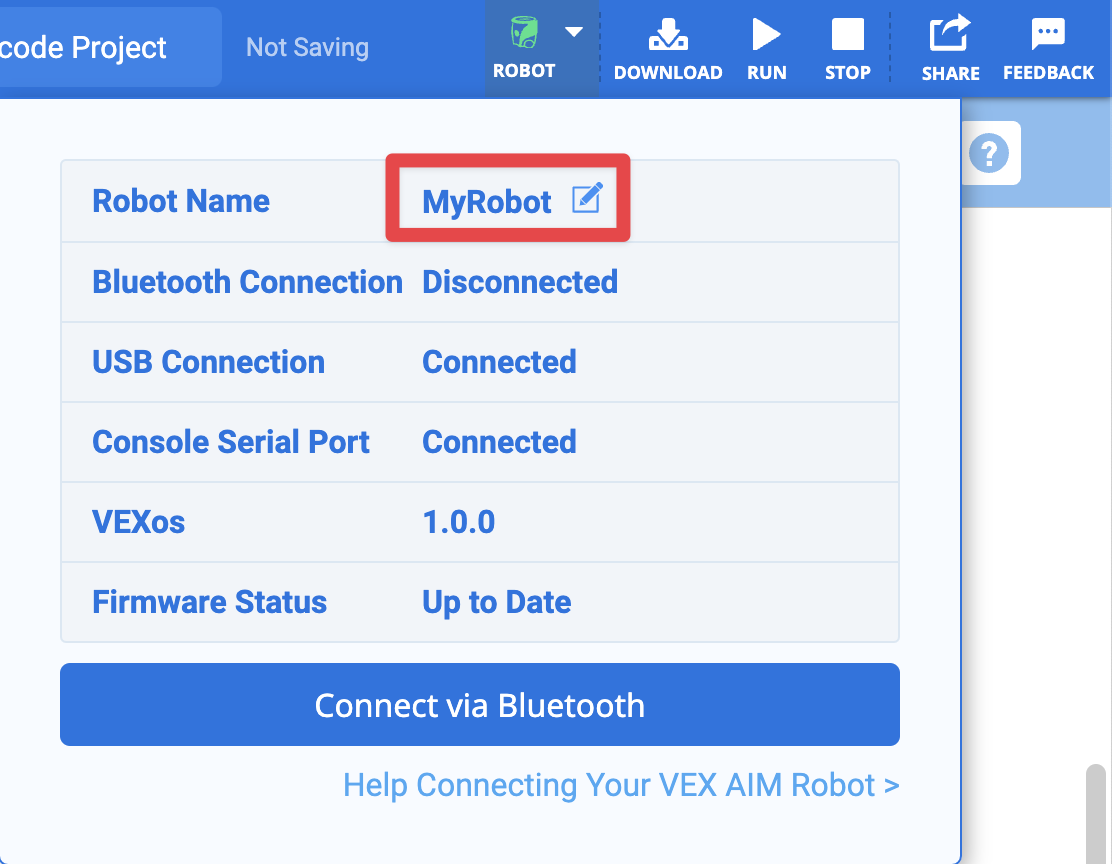 El nombre del robot se actualiza en la pantalla. Se resalta en un recuadro rojo.