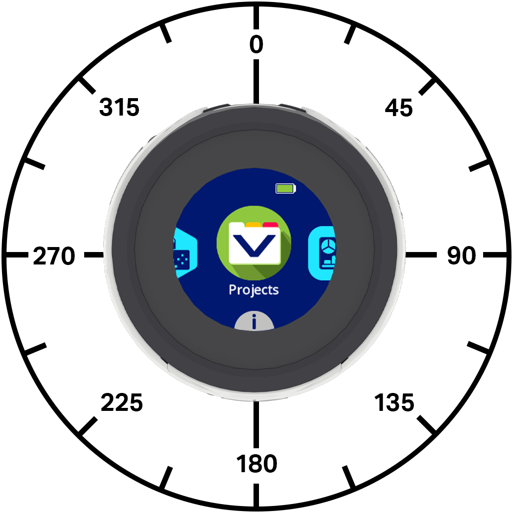Esfera de brújula circular de 0 a 315 grados que rodea una pantalla gris oscuro con pantalla azul marino. La parte frontal del robot apunta a 0 grados en la esfera de brújula.
