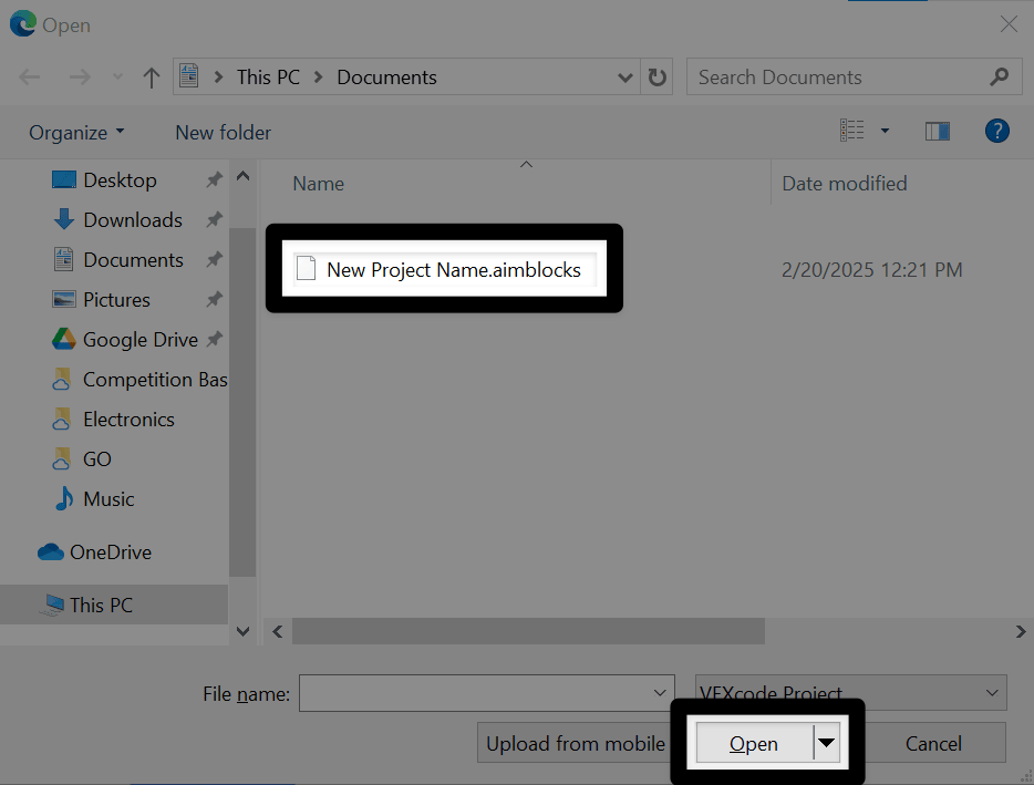 Se muestra una pantalla de navegación de archivos de Windows con un proyecto VEXcode AIM seleccionado y el botón Abrir en la esquina inferior derecha resaltado, indicando qué seleccionar para abrir un proyecto.