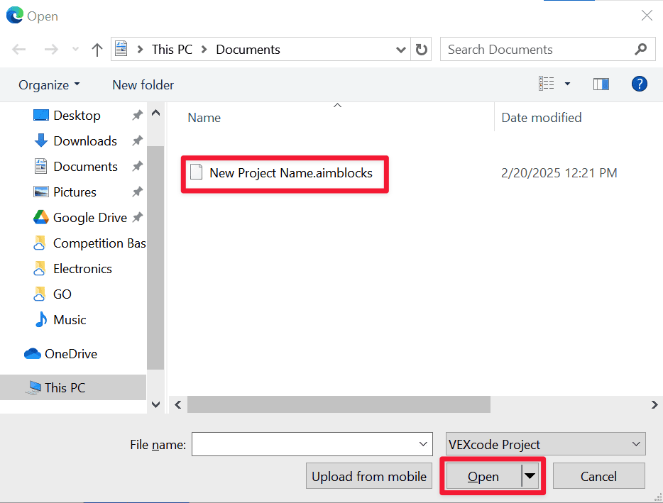 Se muestra una pantalla de navegación de archivos de Windows con un proyecto VEXcode AIM seleccionado y el botón Abrir en la esquina inferior derecha resaltado, indicando qué seleccionar para abrir un proyecto.
